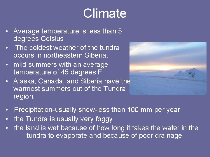 Climate • Average temperature is less than 5 degrees Celsius • The coldest weather