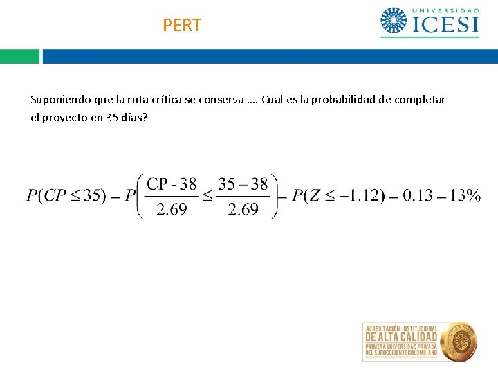 PERT Suponiendo que la ruta crítica se conserva …. Cual es la probabilidad de