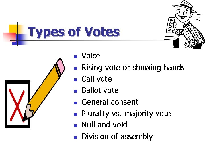 Types of Votes n n n n Voice Rising vote or showing hands Call