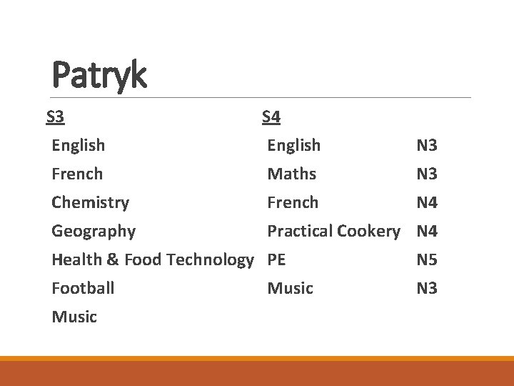 Patryk S 3 S 4 English N 3 French Maths N 3 Chemistry French