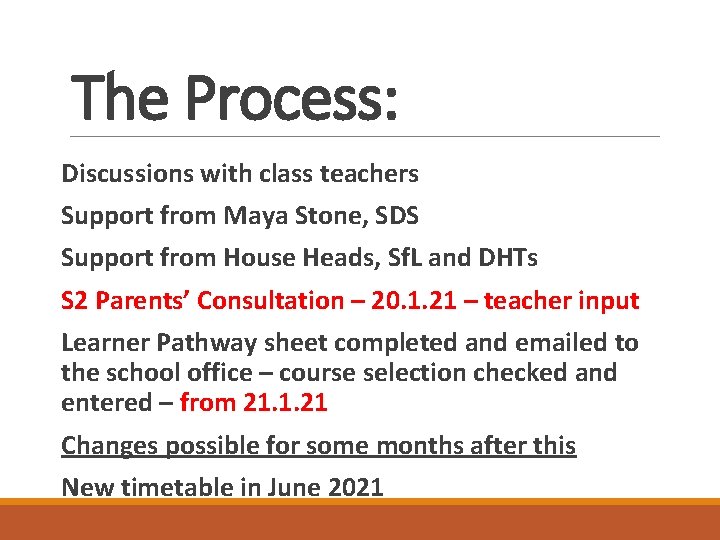 The Process: Discussions with class teachers Support from Maya Stone, SDS Support from House