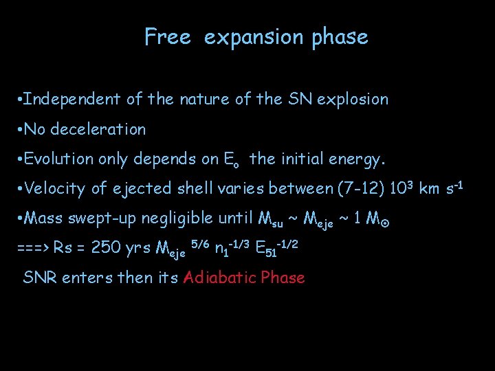Free expansion phase • Independent of the nature of the SN explosion • No