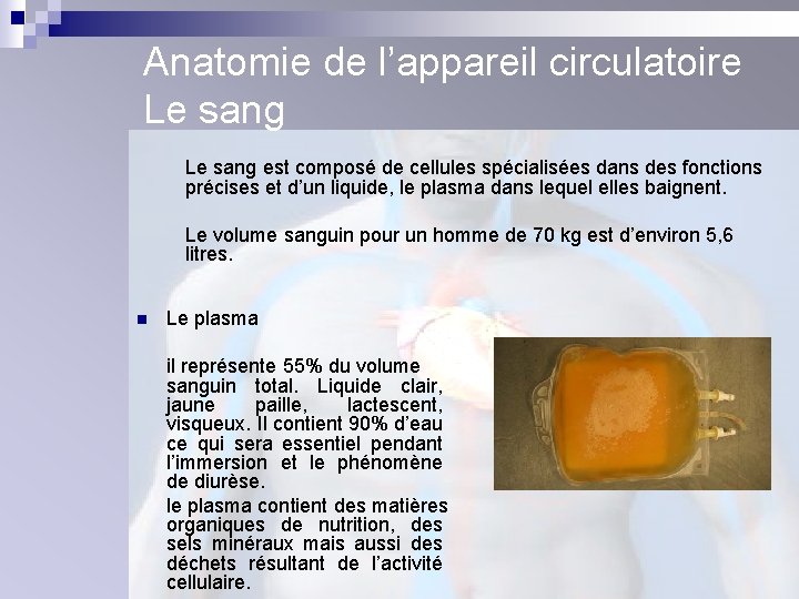 Anatomie de l’appareil circulatoire Le sang est composé de cellules spécialisées dans des fonctions