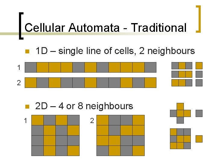 Cellular Automata - Traditional n 1 D – single line of cells, 2 neighbours Cellular Automata - Traditional n 1 D – single line of cells, 2 neighbours