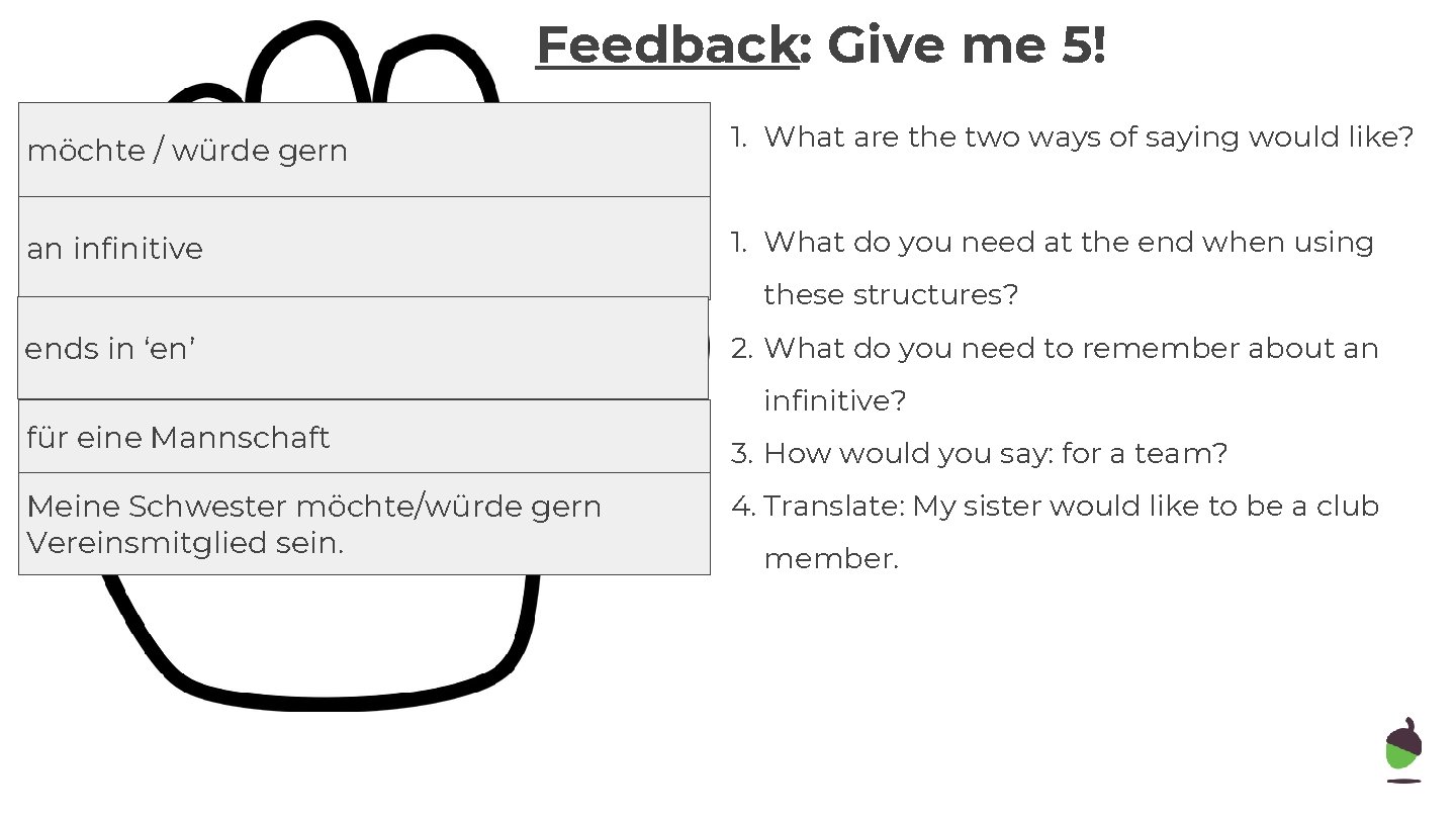 Feedback: Give me 5! möchte / würde gern 1. What are the two ways