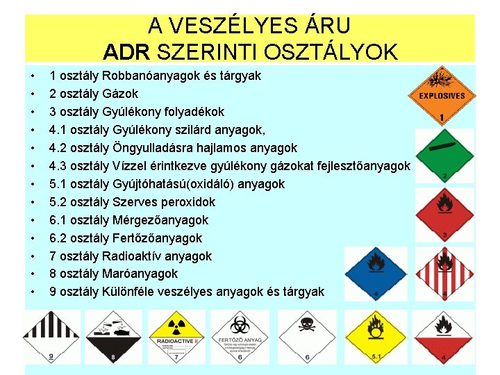 A VESZÉLYES ÁRU ADR SZERINTI OSZTÁLYOK • • • • 1 osztály Robbanóanyagok és A VESZÉLYES ÁRU ADR SZERINTI OSZTÁLYOK • • • • 1 osztály Robbanóanyagok és