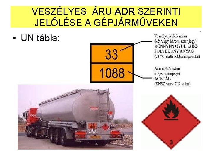 VESZÉLYES ÁRU ADR SZERINTI JELŐLÉSE A GÉPJÁRMŰVEKEN • UN tábla: VESZÉLYES ÁRU ADR SZERINTI JELŐLÉSE A GÉPJÁRMŰVEKEN • UN tábla: