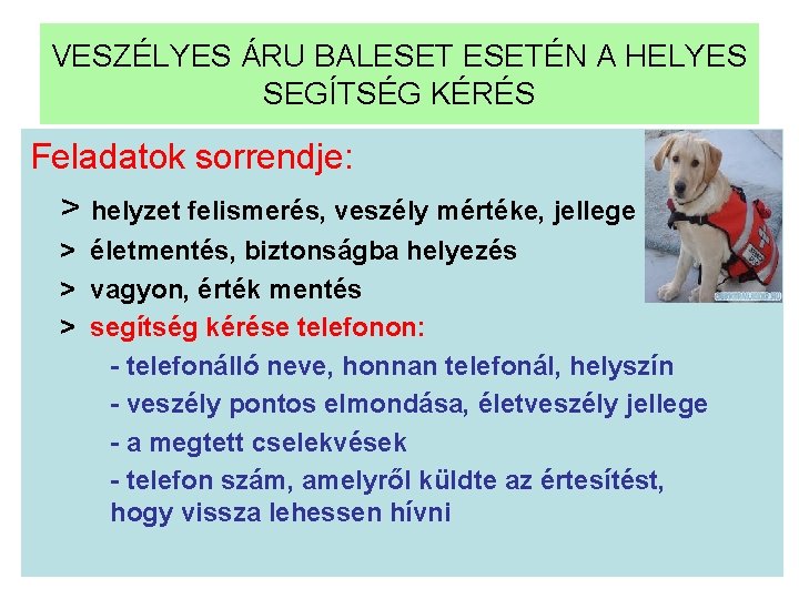 VESZÉLYES ÁRU BALESETÉN A HELYES SEGÍTSÉG KÉRÉS Feladatok sorrendje: > helyzet felismerés, veszély mértéke, VESZÉLYES ÁRU BALESETÉN A HELYES SEGÍTSÉG KÉRÉS Feladatok sorrendje: > helyzet felismerés, veszély mértéke,