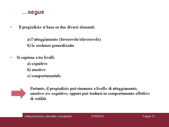 …segue • Il pregiudizio si basa su due diversi elementi: a) l’atteggiamento (favorevole/sfavorevole) b)