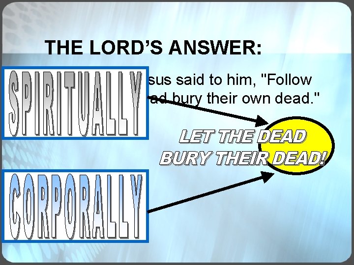 THE LORD’S ANSWER: Matt. 8: 22 But Jesus said to him, "Follow Me, and THE LORD’S ANSWER: Matt. 8: 22 But Jesus said to him, "Follow Me, and