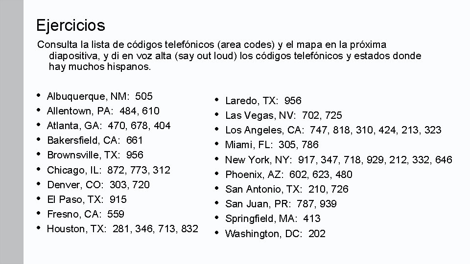 Ejercicios Consulta la lista de códigos telefónicos (area codes) y el mapa en la