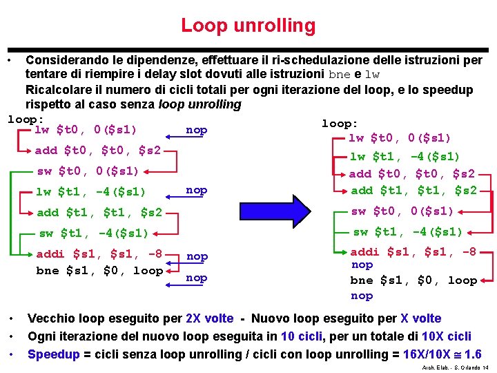 Loop unrolling • Considerando le dipendenze, effettuare il ri-schedulazione delle istruzioni per tentare di