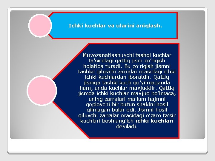 Ichki kuchlar va ularini aniqlash. Muvozanatlashuvchi tashqi kuchlar ta’siridagi qattiq jism zo’riqish holatida turadi.