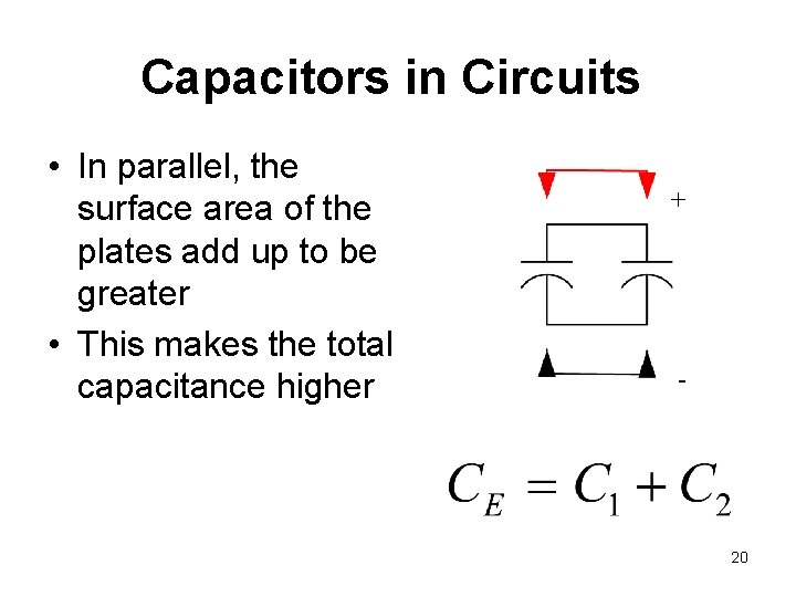 Capacitors in Circuits • In parallel, the surface area of the plates add up