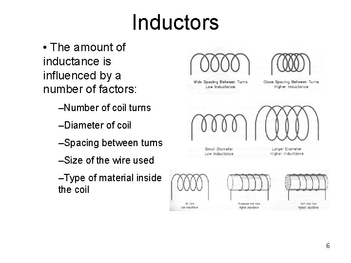 Inductors • The amount of inductance is influenced by a number of factors: –Number