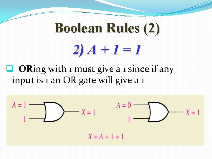 Boolean Rules (2) 2) A + 1 = 1 q ORing with 1 must