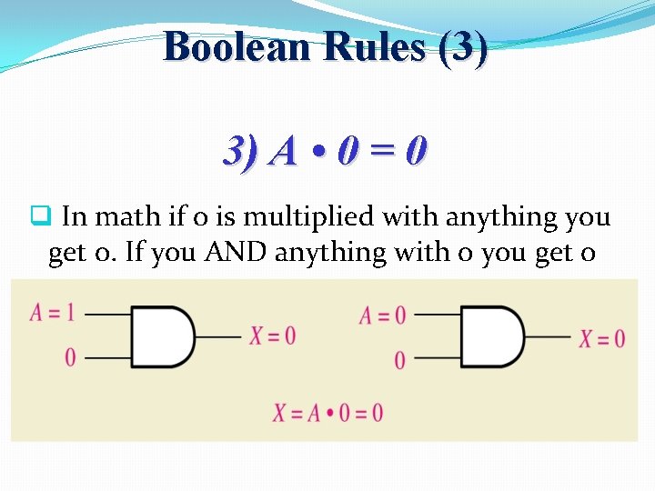 Boolean Rules (3) 3) A • 0 = 0 q In math if 0