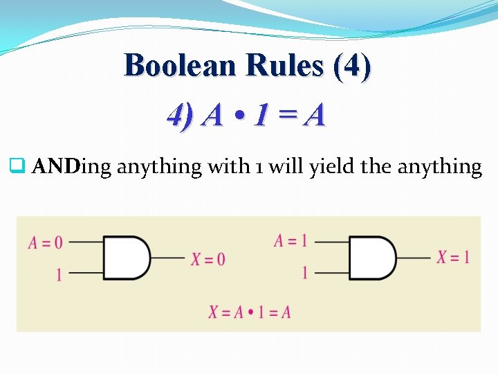 Boolean Rules (4) 4) A • 1 = A q ANDing anything with 1