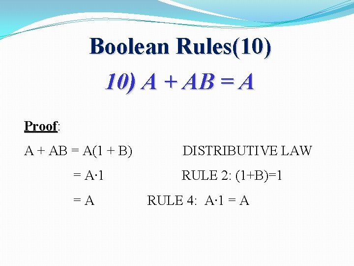 Boolean Rules(10) A + AB = A Proof: Proof A + AB = A(1