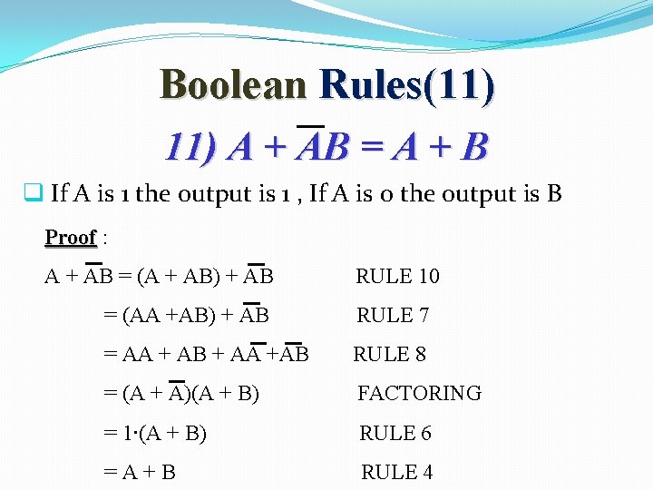 Boolean Rules(11) A + AB = A + B q If A is 1