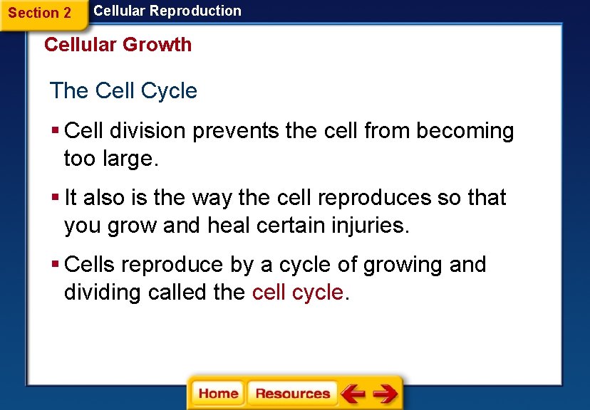 Section 2 Cellular Reproduction Cellular Growth The Cell Cycle § Cell division prevents the