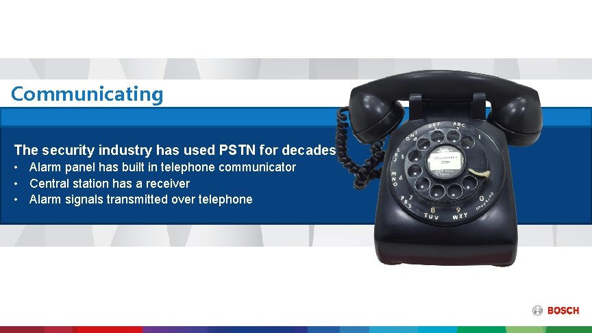 Communicating The security industry has used PSTN for decades • Alarm panel has built