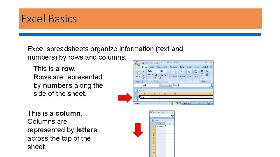 Excel Basics Excel spreadsheets organize information (text and numbers) by rows and columns: This