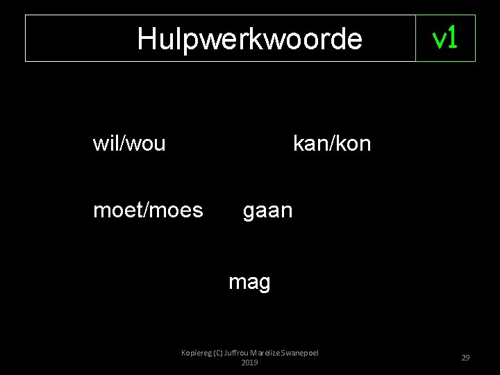 Hulpwerkwoorde wil/wou v 1 kan/kon moet/moes gaan mag Kopiereg (C) Juffrou Marelize Swanepoel 2019