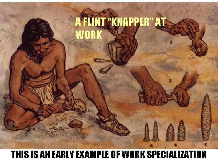 A FLINT “KNAPPER” AT WORK THIS IS AN EARLY EXAMPLE OF WORK SPECIALIZATION 