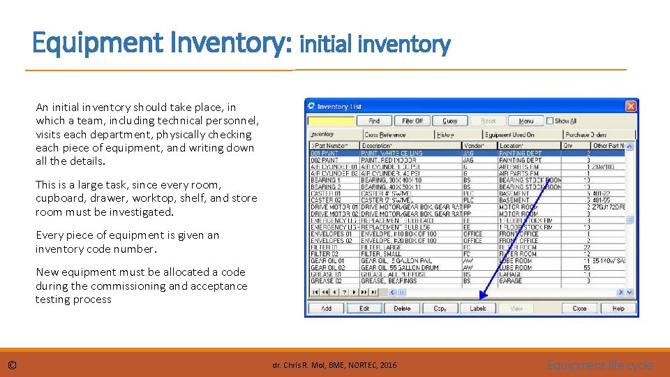 Equipment Inventory: initial inventory An initial inventory should take place, in which a team,