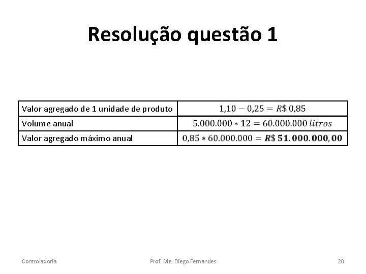 Resolução questão 1 Valor agregado de 1 unidade de produto Volume anual Valor agregado