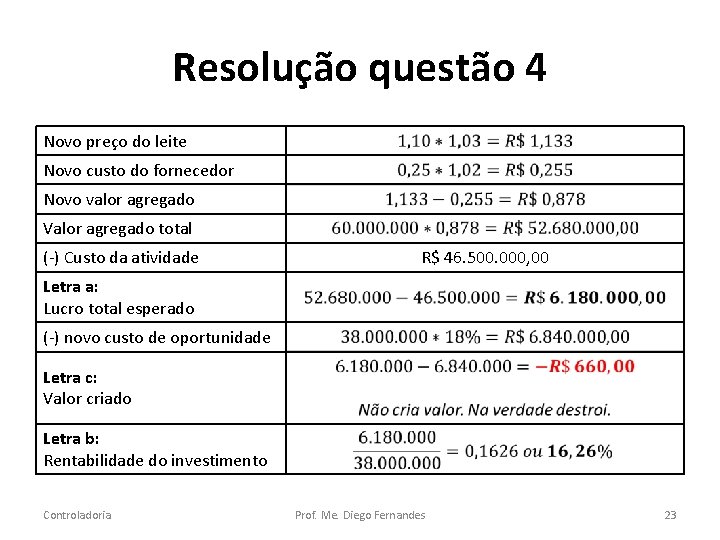 Resolução questão 4 Novo preço do leite Novo custo do fornecedor Novo valor agregado