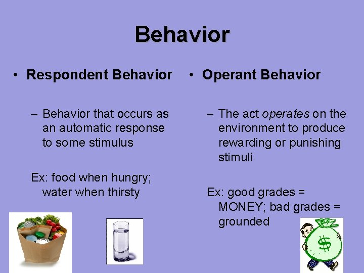 Behavior • Respondent Behavior – Behavior that occurs as an automatic response to some