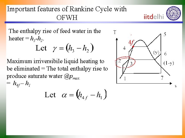 Important features of Rankine Cycle with OFWH The enthalpy rise of feed water in