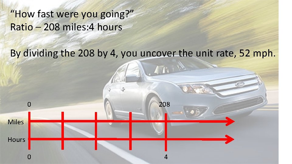 “How fast were you going? ” Ratio – 208 miles: 4 hours By dividing