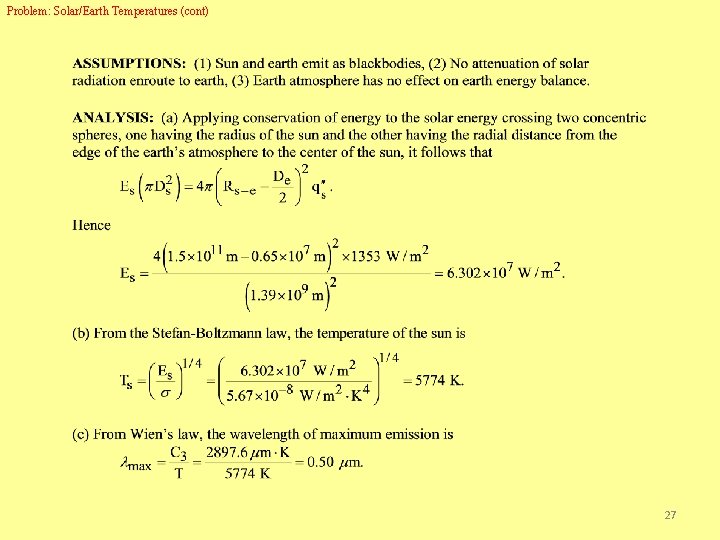 Problem: Solar/Earth Temperatures (cont) 27 