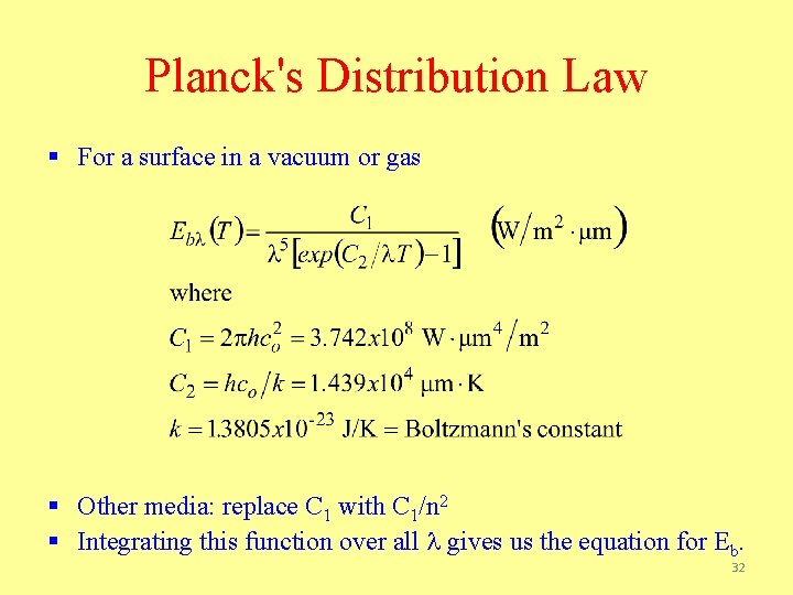 Planck's Distribution Law § For a surface in a vacuum or gas § Other