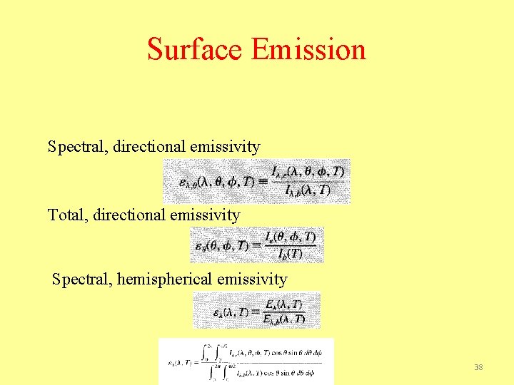 Surface Emission Spectral, directional emissivity Total, directional emissivity Spectral, hemispherical emissivity 38 
