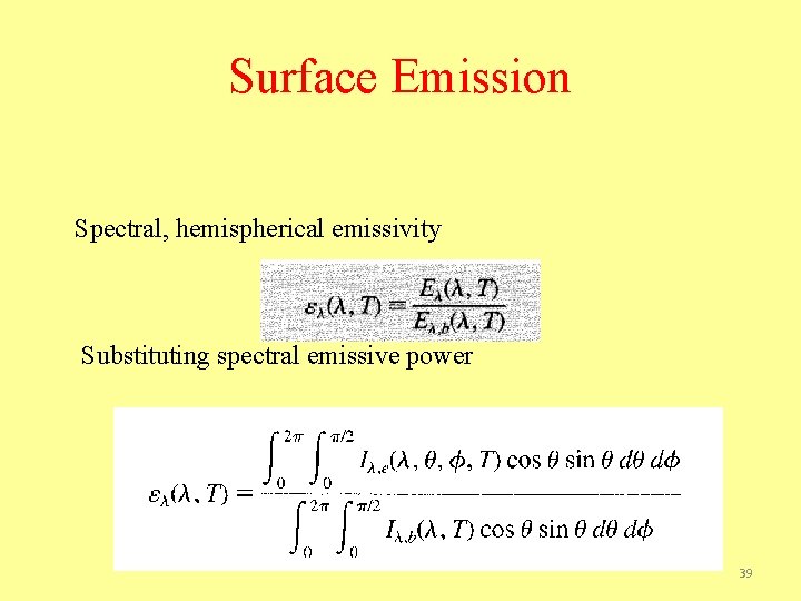 Surface Emission Spectral, hemispherical emissivity Substituting spectral emissive power 39 