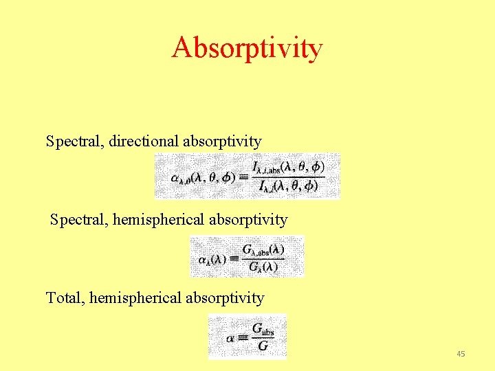 Absorptivity Spectral, directional absorptivity Spectral, hemispherical absorptivity Total, hemispherical absorptivity 45 