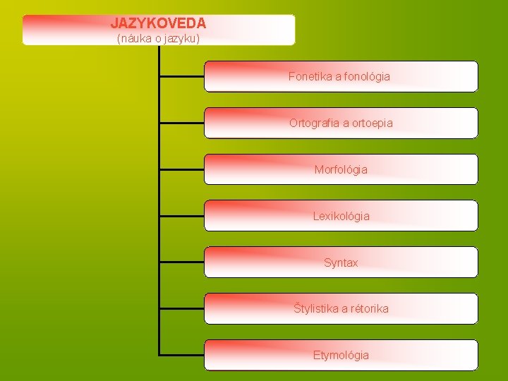 JAZYKOVEDA (náuka o jazyku) Fonetika a fonológia Ortografia a ortoepia Morfológia Lexikológia Syntax Štylistika