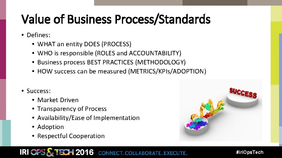 Value of Business Process/Standards • Defines: • WHAT an entity DOES (PROCESS) • WHO