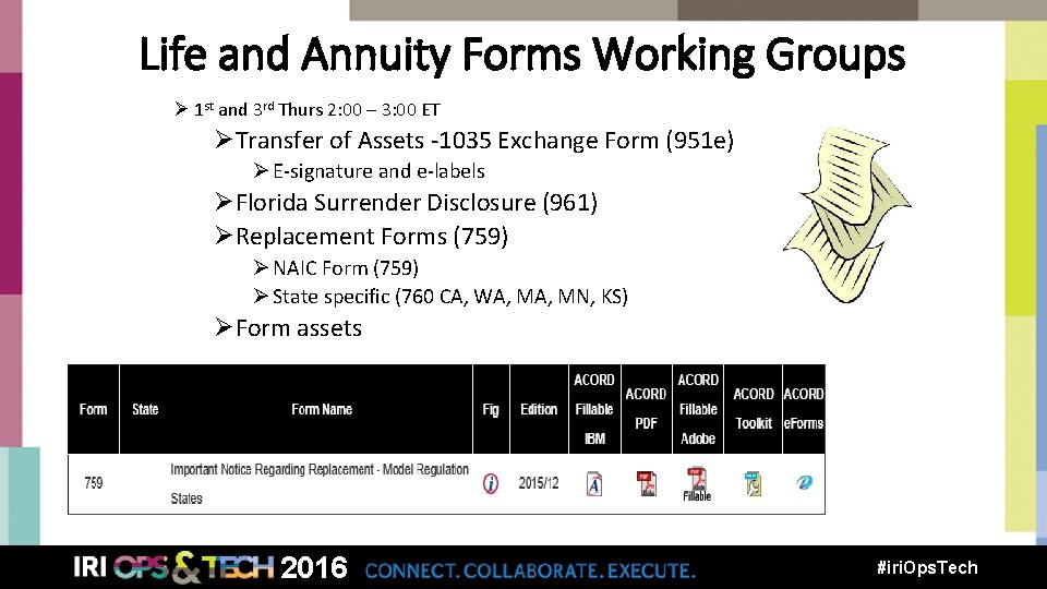 Life and Annuity Forms Working Groups Ø 1 st and 3 rd Thurs 2: