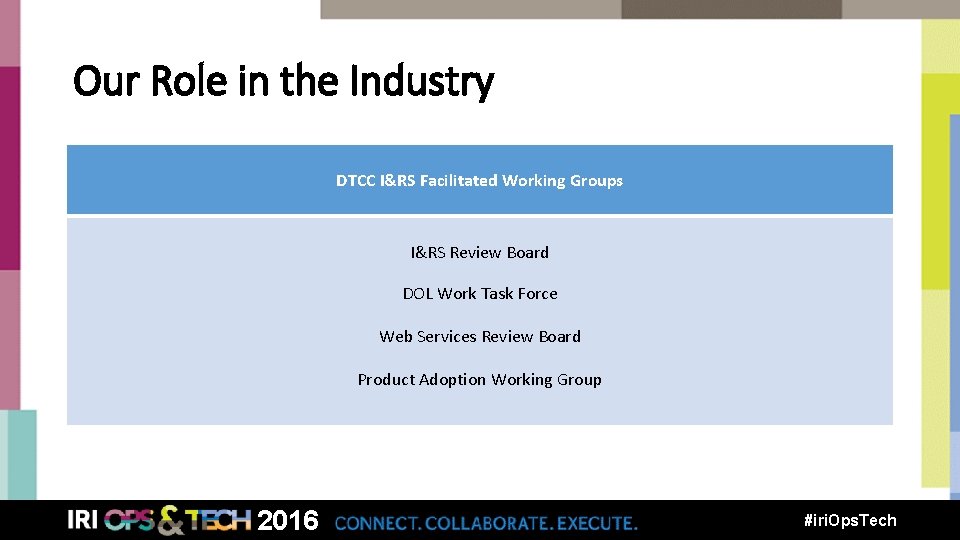Our Role in the Industry DTCC I&RS Facilitated Working Groups I&RS Review Board DOL