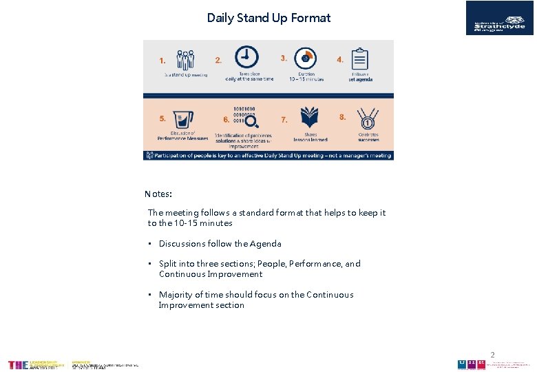 Daily Stand Up Format Notes: The meeting follows a standard format that helps to