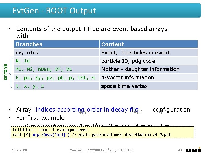 Evt. Gen - ROOT Output arrays • Contents of the output TTree are event