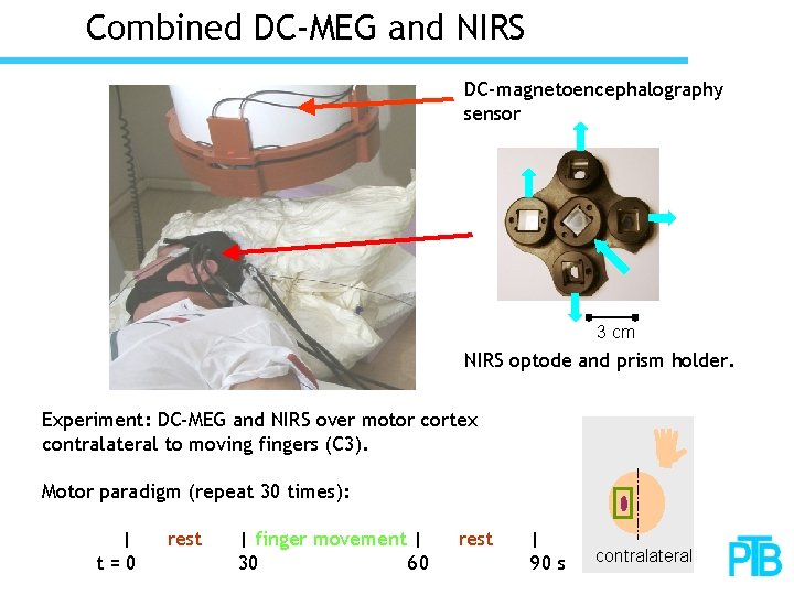 Combined DC-MEG and NIRS DC-magnetoencephalography sensor 3 cm NIRS optode and prism holder. Experiment: