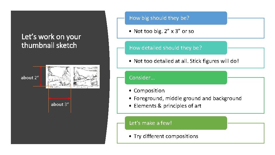 How big should they be? Let’s work on your thumbnail sketch • Not too