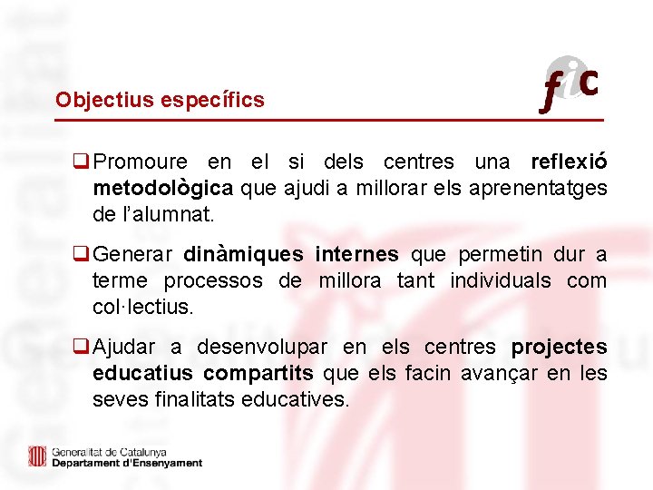 Objectius específics q. Promoure en el si dels centres una reflexió metodològica que ajudi