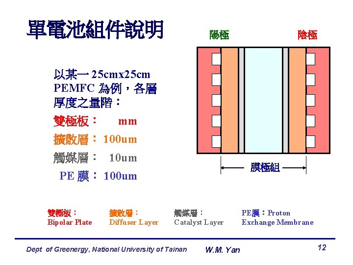 單電池組件說明 陽極 陰極 以某一 25 cmx 25 cm PEMFC 為例，各層 厚度之量階： 雙極板： mm 擴散層：